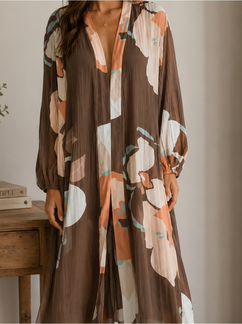 DR2 floral print kimono in a rust and brown colorway medium large